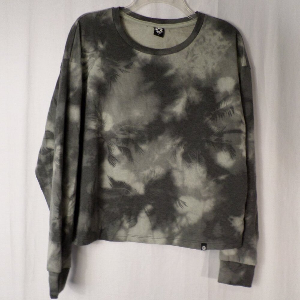 X Long Sleeve Grey/Green Tie Dye Palm Leaf Print Crop Top Tshirt Sz Medium